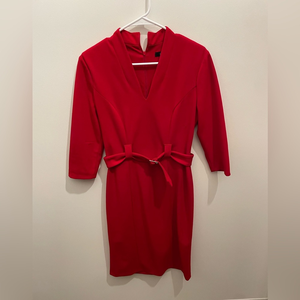 V-Neck Red Belted Midi Dress